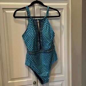 Jantzen Blue Print Keyhole High Neck One piece Swim Suit Modest Molded Cups 12